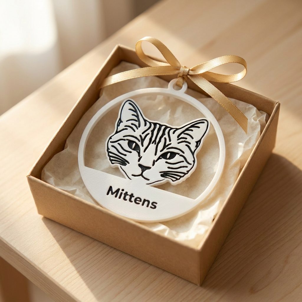 A white ornament with a cat's face in black line art, boxed in kraft card with tissue and a thin gold ribbon