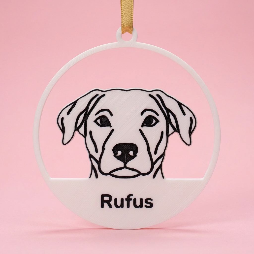 A white ornament with a dog's face in black line art and the name Rufus, hanging by a thin gold ribbon against pink